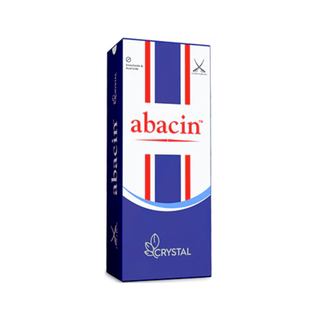 Abacin insecticide bottle displaying formulation -Abamectin 1.9% EC - a systemic and contact insecticide used to control mites, leaf miners, and other sucking pests in vegetables, fruits, and ornamental crops, promoting healthy plant growth and improved yield.