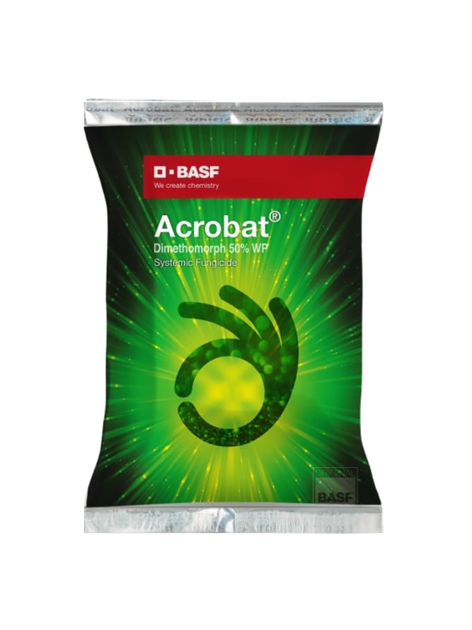 Acrobat fungicide containing Dimethomorph 50% WP, used for controlling Downy Mildew and other fungal diseases in crops.