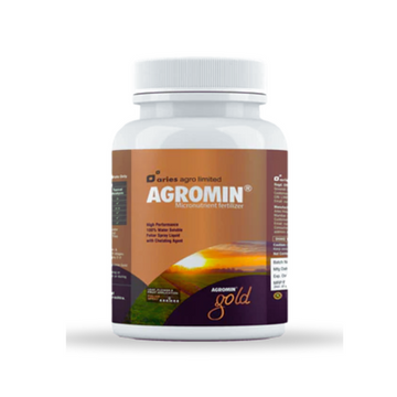 Agromin Gold micronutrient chelated liquid fertilizer containing essential multi-micronutrients for promoting healthy crop growth.