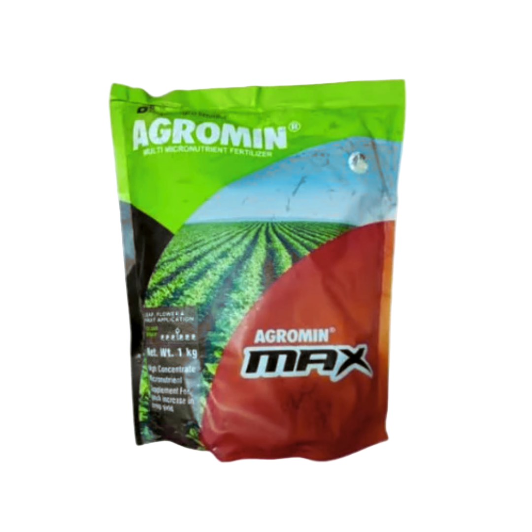 Agromin Max multi-micronutrient fertilizer containing essential chelated nutrients, used to enhance crop growth, yield, and overall plant health.