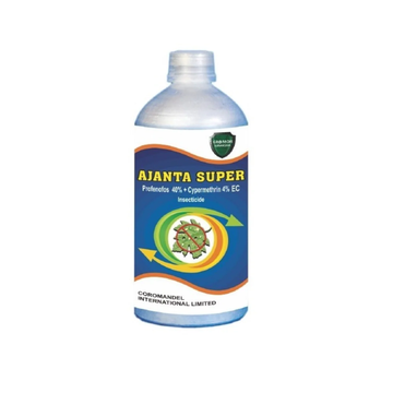 Coromandel Ajanta Super insecticide bottle containing Profenofos 40% + Cypermethrin 4% EC, a dual-action foliar spray for controlling bollworms, caterpillars, and other pests on cotton, brinjal, bhindi, tomato, and other crops.