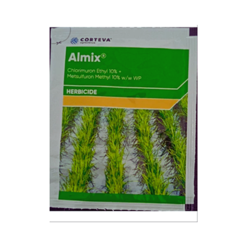 Almix herbicide by Corteva, formulated with Metsulfuron Methyl 10% and Chlorimuron Ethyl 10% WP, provides selective post-emergence control of broadleaf weeds in rice, wheat, and other cereal crops, ensuring effective weed management and crop safety.