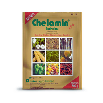 Aries Chelamin Gold Zinc containing 15% Zinc EDTA, a micronutrient supplement for improving crop growth and yield.