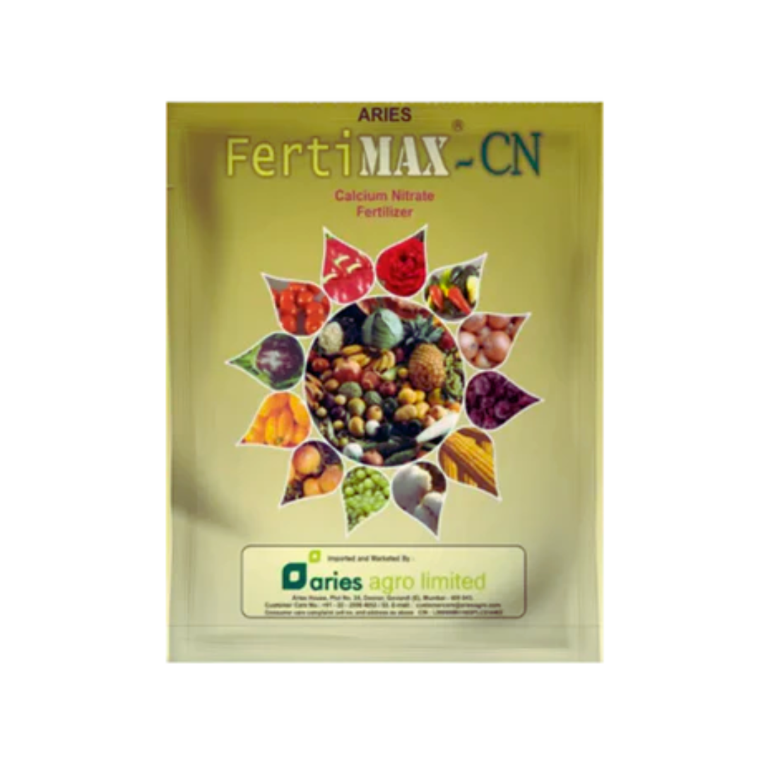 Aries Fertimax CN fertilizer containing Calcium Nitrate, used to improve fruit quality, strengthen plant cell walls, and enhance crop yield.