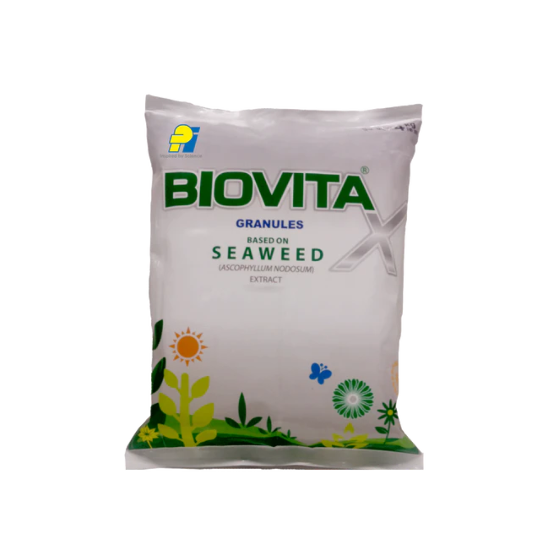 Biovita Plant Growth Regulator is a seaweed extract (Ascophyllum nodosum) biostimulant by PI Industries. It enhances plant growth, root and shoot development, flowering, fruit set, stress tolerance, and overall crop health in field crops, horticulture, and ornamental plants.
