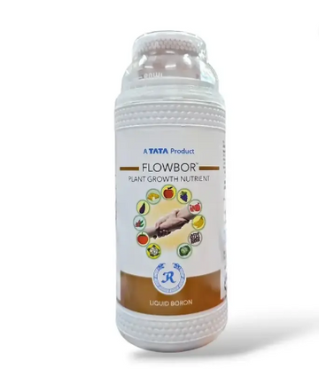 Tata Flowbor plant growth nutrient bottle with label, boron-rich micronutrient solution for improving flowering, fruit setting, and overall crop health