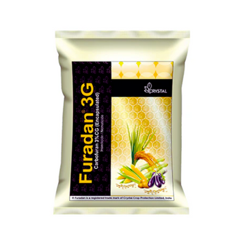 Furadan insecticide pack showing formulation Carbofuran 3% CG (encapsulated granules) a systemic soil insecticide used to control root-feeding pests, nematodes, and borers in crops, promoting healthy root development and improved yield.