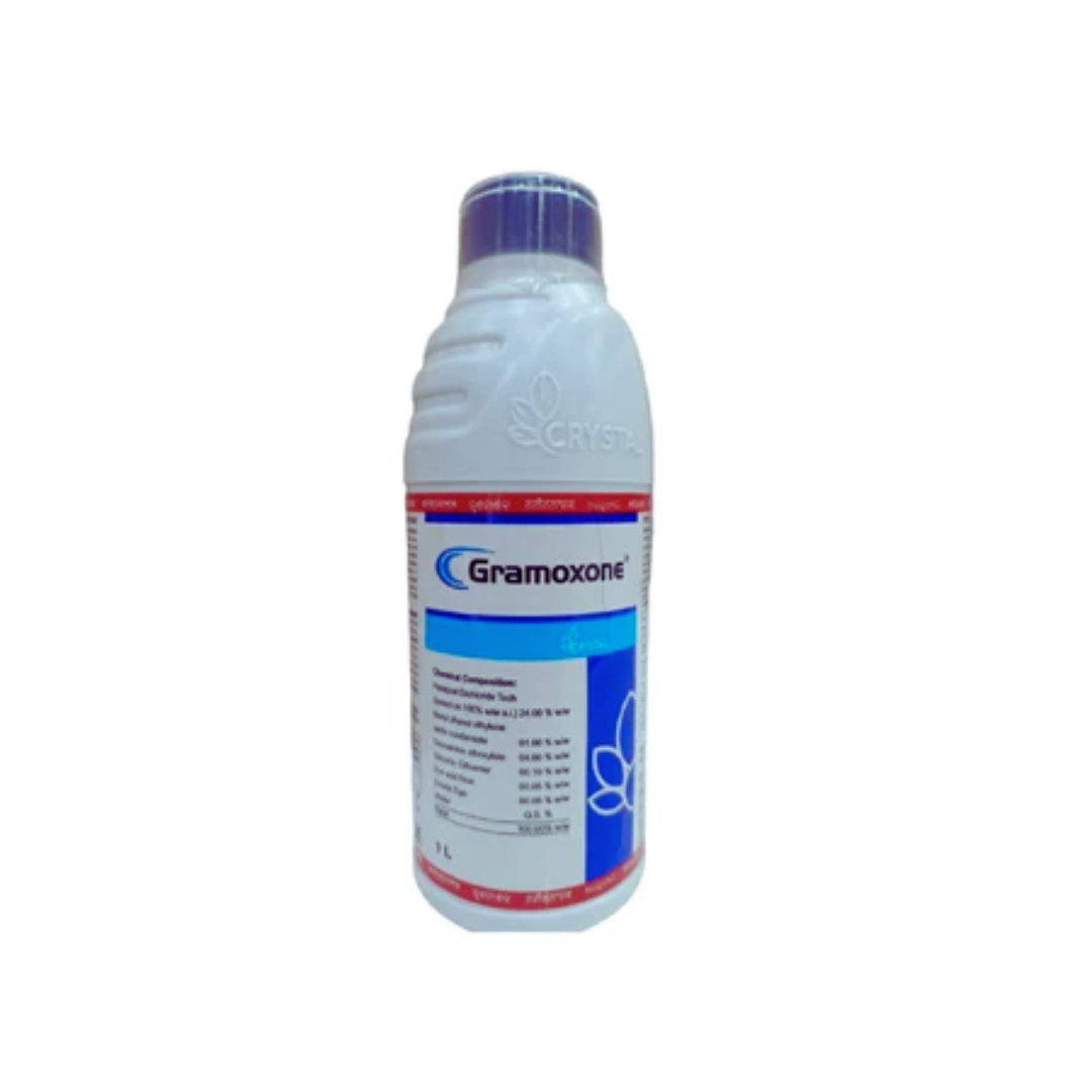Gramoxone herbicide bottle showing formulation - Paraquat Dichloride 24% SL-  a fast-acting, non-selective contact herbicide used for controlling weeds and unwanted vegetation in fields, orchards, and non-crop areas, ensuring clean and weed-free fields.