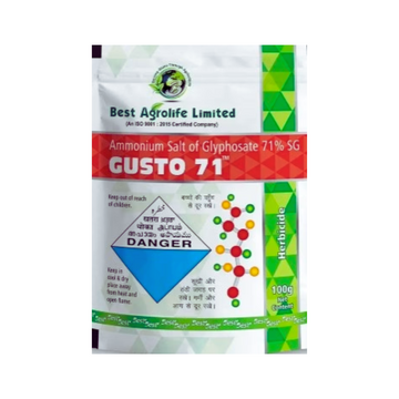 Gusto 71 herbicide pack featuring formulation details β Ammonium Salt of Glyphosate 71% S.G β a non-selective, systemic herbicide used for effective control of a wide range of annual and perennial weeds in various crops and non-crop areas.