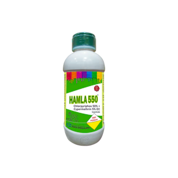 Hamla 550 Insecticide by Gharda Chemicals Ltd is a dual-action formulation of Chlorpyrifos 50% + Cypermethrin 5% EC, offering broad-spectrum control of sucking and chewing pests in crops like cotton, rice, and vegetables. It provides fast knockdown, long-lasting protection, and helps improve crop health and yield.