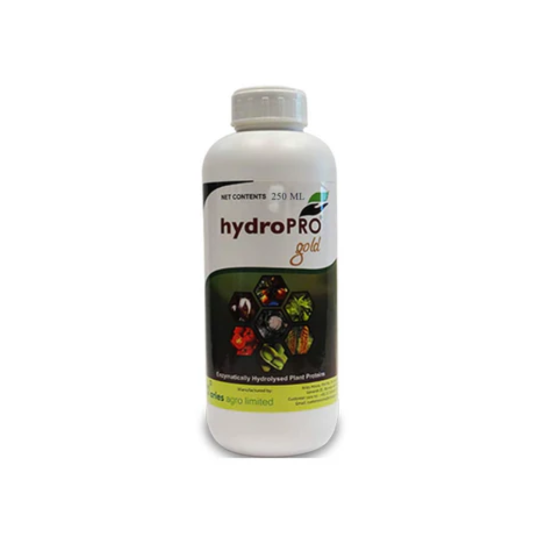 HydroPRO Gold biostimulant containing protein hydrolysate, used to enhance plant growth, stress tolerance, and crop yield.