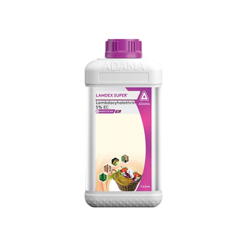 Lamdex Super insecticide bottle containing 50 g/L Lambda-cyhalothrin, a broad-spectrum, non-systemic pyrethroid for foliar pest control in crops, offering rapid knockdown and long residual action.