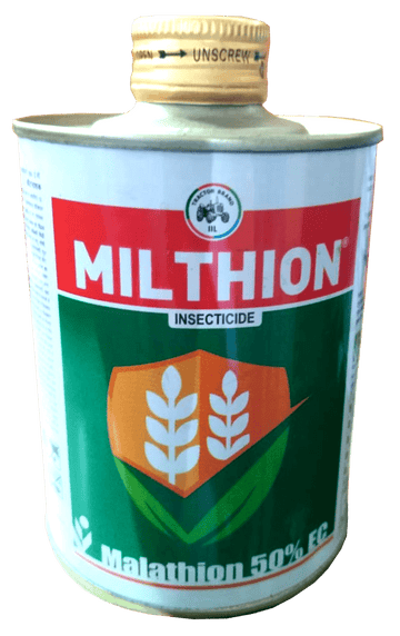 Milthion Insecticide Malathion 50 % EC by Insecticides (India) Ltd – white plastic bottle with green label, used in agriculture for pest control in cotton, vegetables, and other crops
