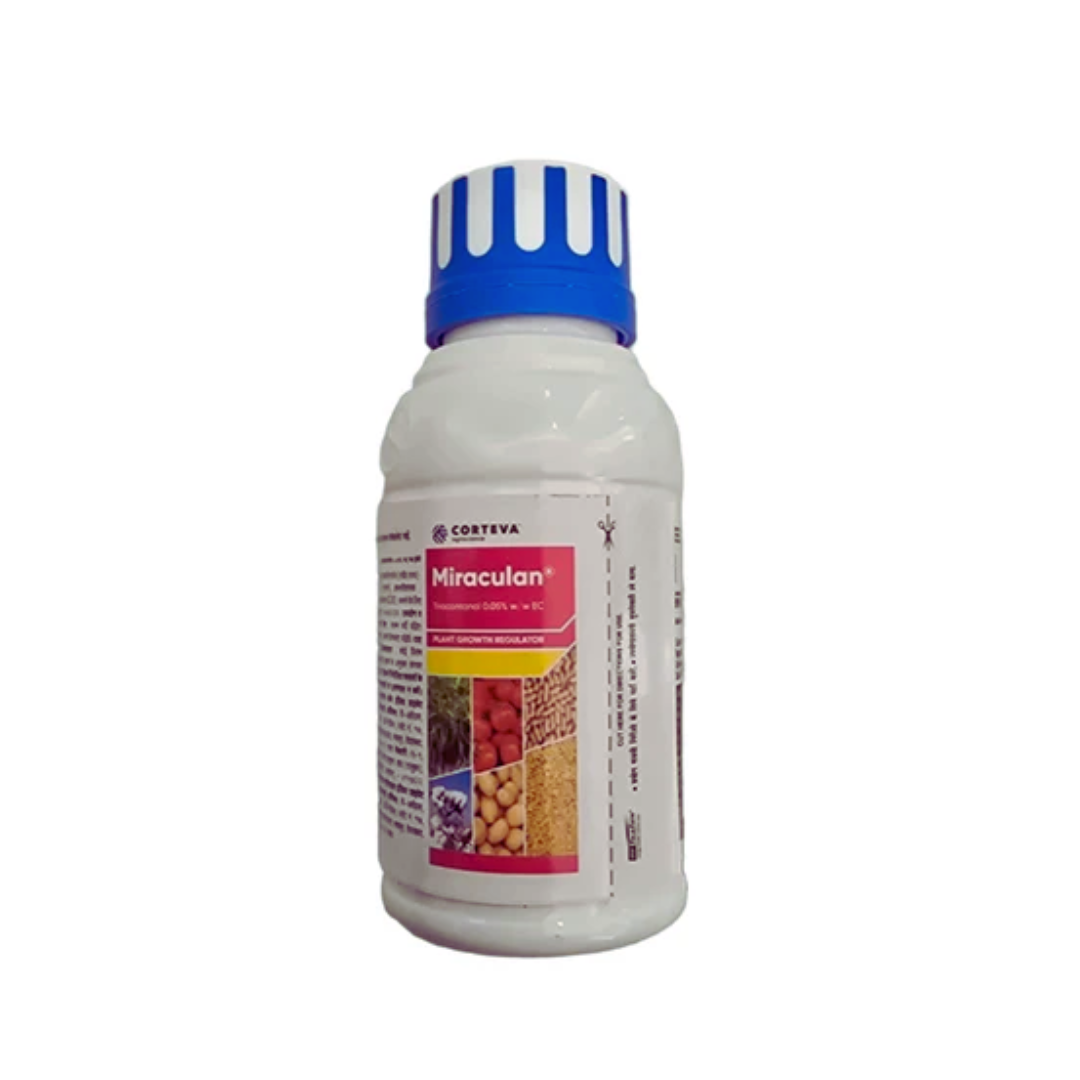 Bottle of Miraculan Plant Growth Regulator (Triacontanol 0.05% EC) by PI Industries, a plant growth promoter that enhances photosynthesis, stimulates cell division, and boosts flowering and fruiting for improved crop yield and quality.