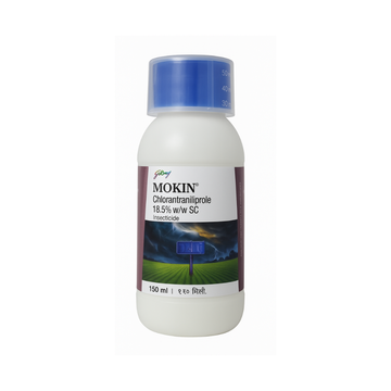Mokin insecticide bottle by Godrej containing Chlorantraniliprole 18.5% w/w SC, used for effective control of chewing and boring insect pests in crops like rice, maize, and vegetables.