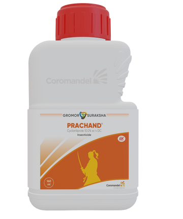 Coromandel Prachand Cyclaniliprole 10% DC insecticide bottle for paddy, controls stem borer and leaf folder, improves crop health