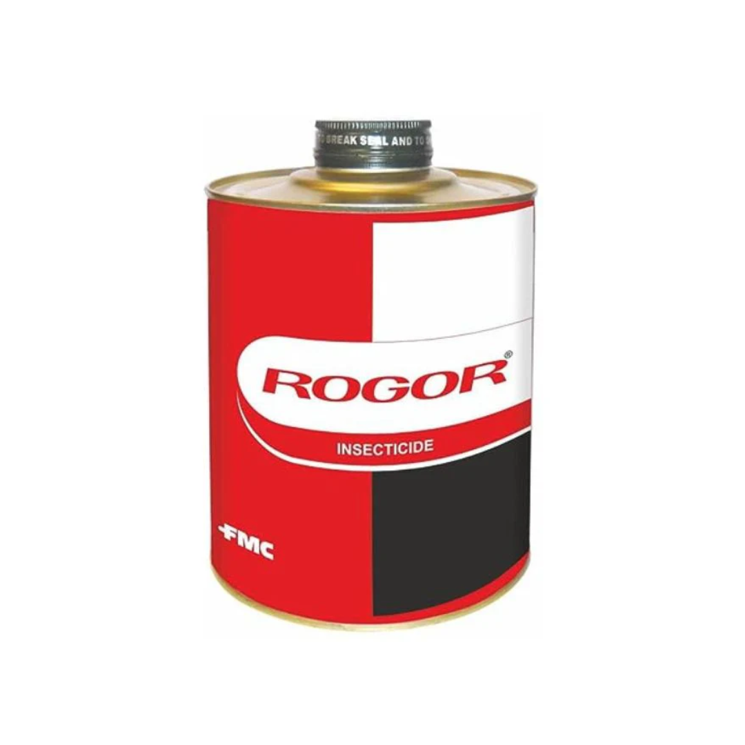 Rogor insecticide bottle by FMC containing Dimethoate 30% EC, used for controlling sucking pests like aphids, jassids, thrips, and borers in crops such as cotton, vegetables, and mustard.
