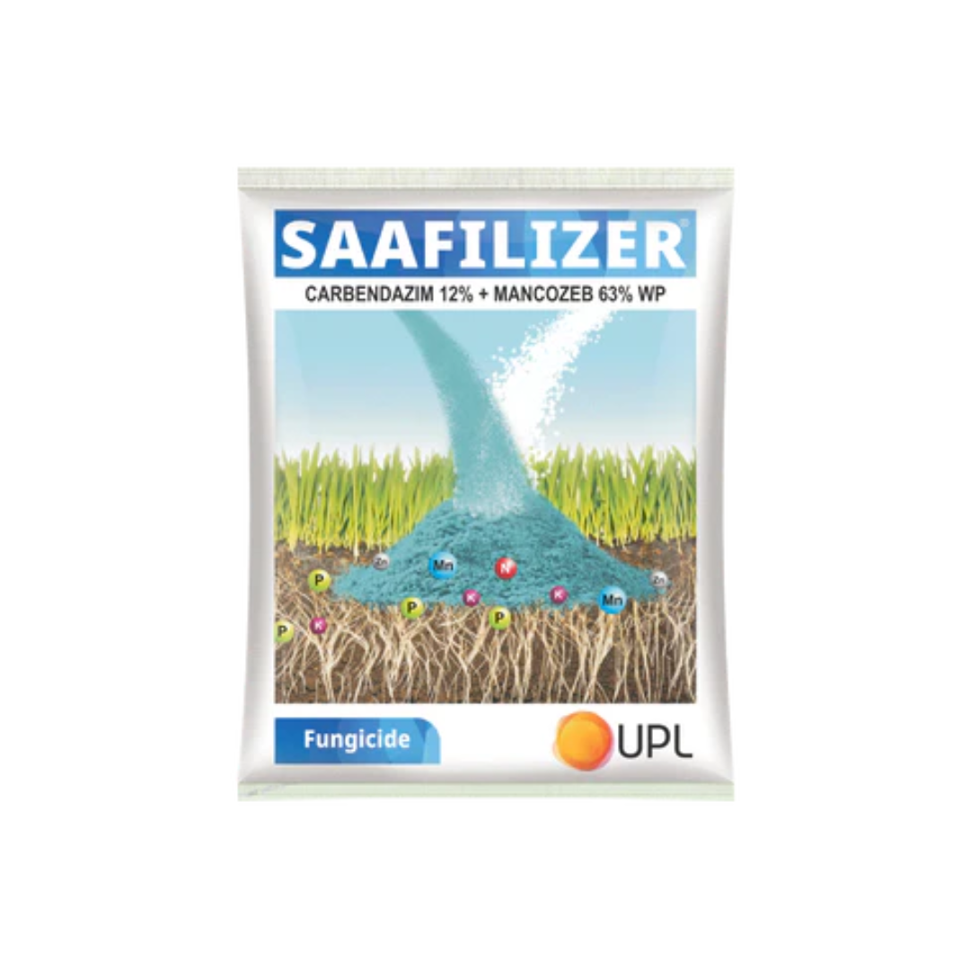 "Saafilizer Fungicide β a dual-action systemic and contact formulation containing Carbendazim 12% and Mancozeb 63% WP by UPL. Controls a wide range of fungal diseases such as leaf spots, rusts, blights, and anthracnose in major crops. Packaged in a protective pouch with product branding, recommended crops, and usage information."