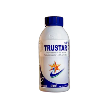 Trustar Fungicide bottle – a combination of Tricyclazole 18% w/w + Tebuconazole 14.4% w/w SC. A broad-spectrum systemic fungicide used to protect rice and other crops from blast, sheath blight, and other fungal diseases. Provides both preventive and curative action, ensuring healthy crop growth and higher yields.