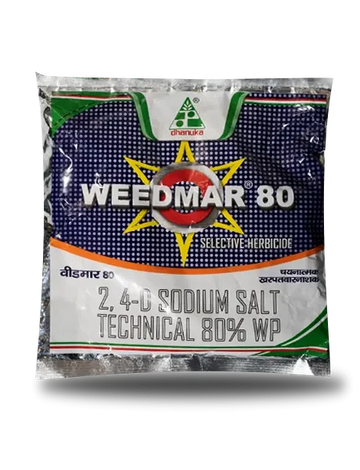 Weedmar 80 herbicide 2,4‑D sodium salt 80% WP – 500 g bag with label, systemic broadleaf weed control for maize, wheat, sugarcane.
