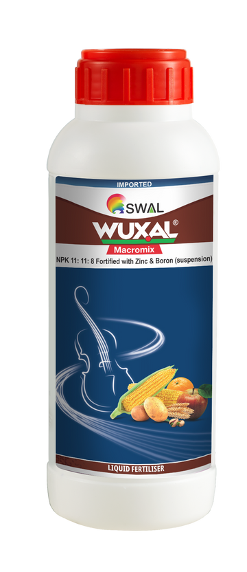 A white bottle with a red cap labeled 'Wuxal Macromix', featuring LIQUID FERTILIZER for plants and text describing the product.