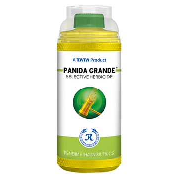 Tata Panida Grande herbicide bottle with label, pre-emergent weed control solution for effective management of grasses and broadleaf weeds in crops