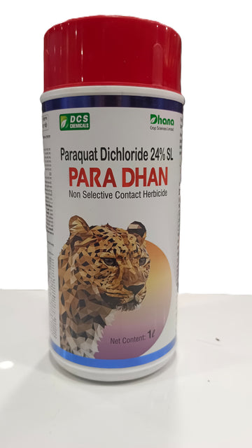 Paradhan herbicide bottle for effective weed control in agricultural crops, promoting healthy plant growth.