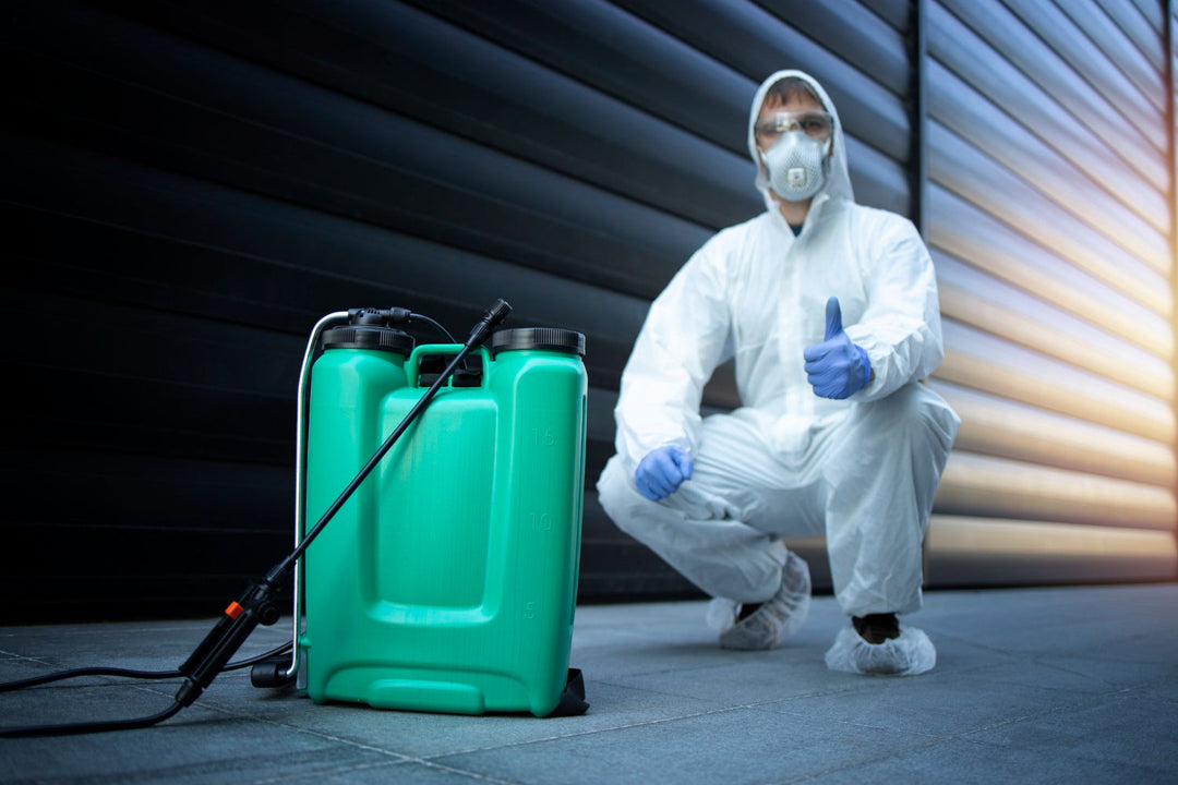 Pest control worker in a white protective suit kneeling beside a green sprayer tank