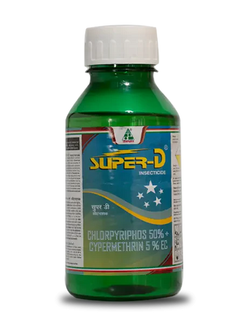 Super D insecticide – Dhanuka Agritech dual‑action EC bottle containing Chlorpyrifos 50% + Cypermethrin 5%, broad‑spectrum foliar spray for sucking and chewing pests.