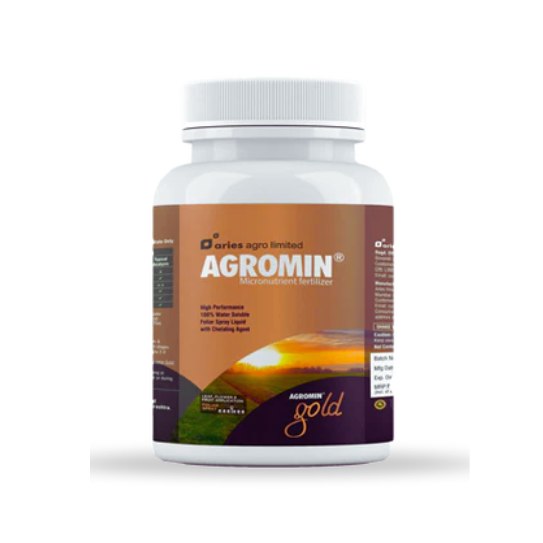 Agromin Gold micronutrient chelated liquid fertilizer containing essential multi-micronutrients for promoting healthy crop growth.