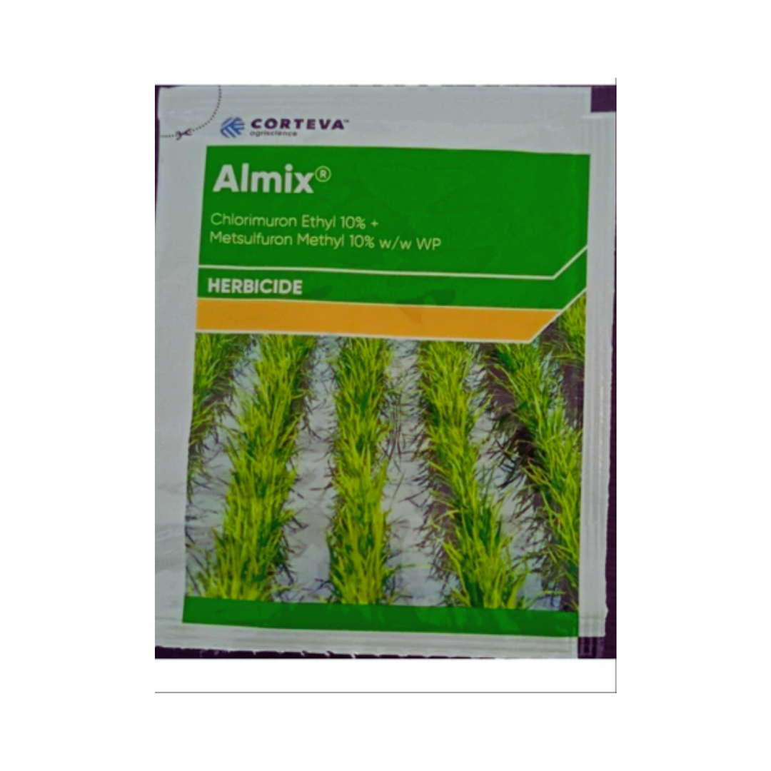 Almix herbicide by Corteva, formulated with Metsulfuron Methyl 10% and Chlorimuron Ethyl 10% WP, provides selective post-emergence control of broadleaf weeds in rice, wheat, and other cereal crops, ensuring effective weed management and crop safety.