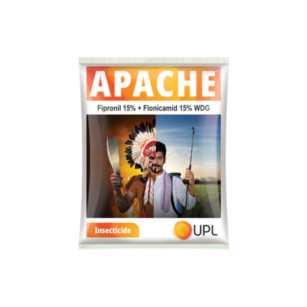 Apache Systemic Insecticide by SWAL containing Fipronil 15% + Flonicamid 15% WDG, designed for controlling sucking pests like aphids, jassids, thrips, whiteflies, and chewing pests such as bollworms in cotton through dual-action systemic and feeding-block modes."