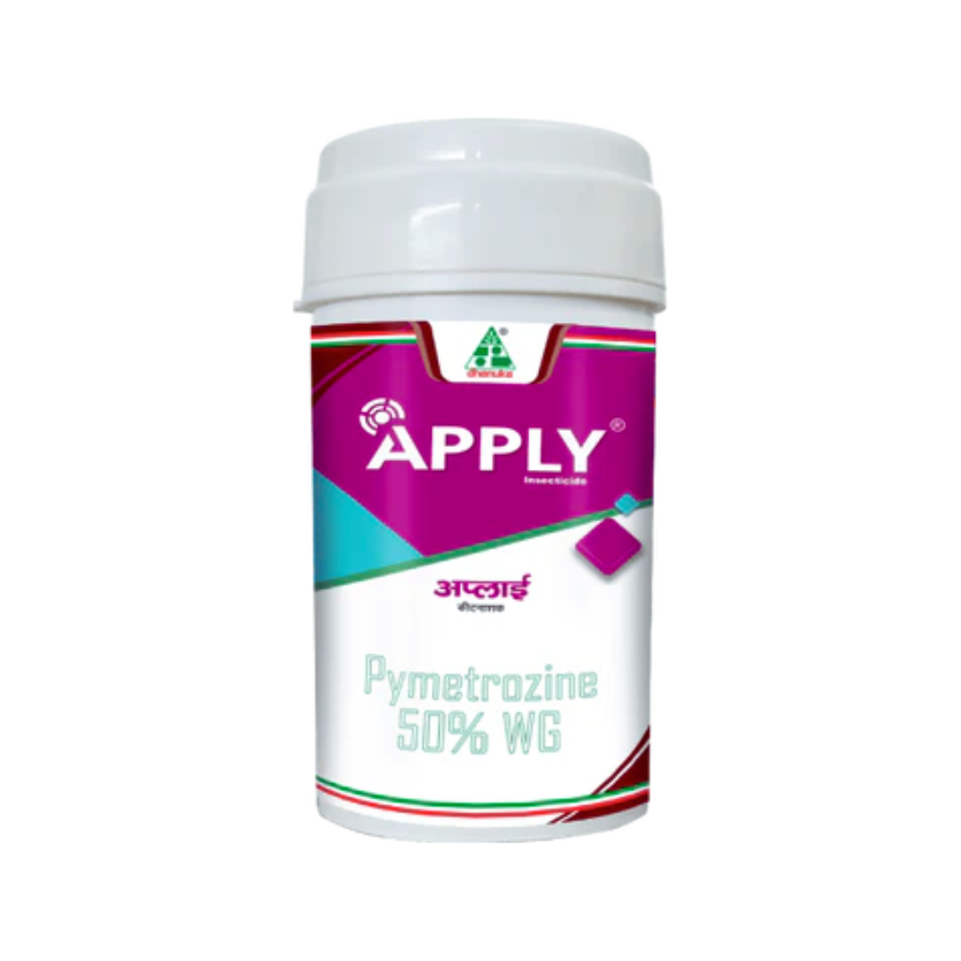 Apply is a systemic insecticide containing Pymetrozine 50% WG, effective against sap-sucking pests like aphids, whiteflies, and planthoppers in crops such as rice, cotton, and vegetables, providing targeted pest control with long-lasting protection.