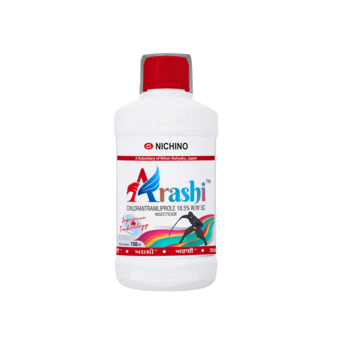 Arashi Insecticide by Nichino, containing Chlorantraniliprole 18.5% SC, is a systemic and contact insecticide designed to control a broad spectrum of pests including caterpillars, loopers, and borers in crops like cotton, vegetables, and fruits.