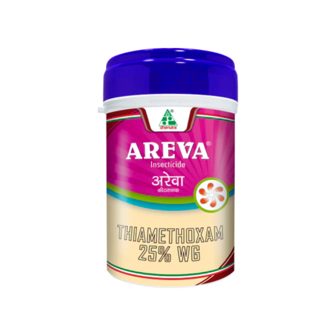 Areva Insecticide containing Thiamethoxam 25% WG, a systemic neonicotinoid for controlling sap-sucking pests like aphids, whiteflies, jassids, and thrips across crops such as rice, cotton, vegetables, and pulses, providing rapid knockdown and long-lasting protection.