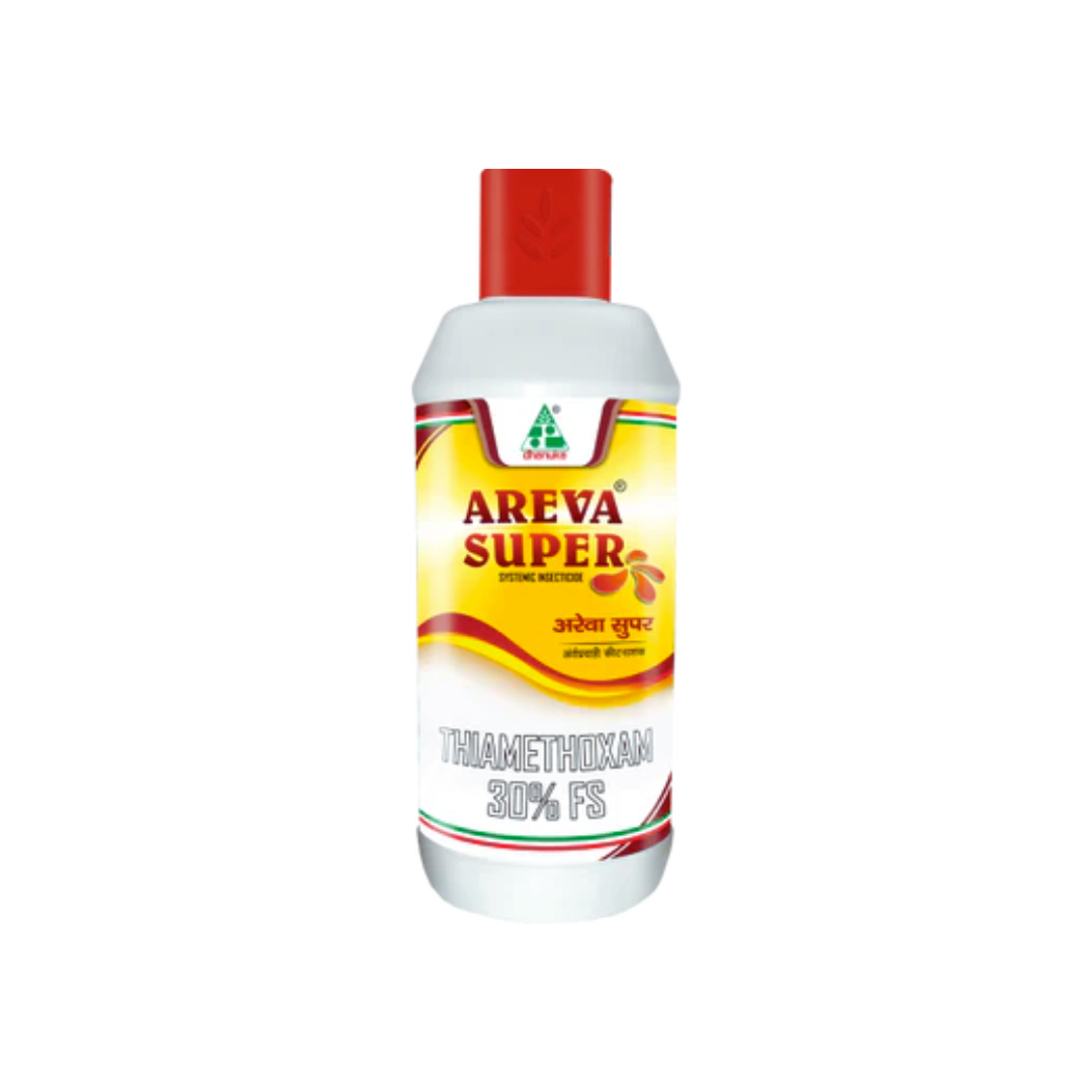 Areva Super Insecticide by Dhanuka, containing Thiamethoxam 30% FS, a systemic insecticide for controlling a wide range of sucking pests in crops like cotton, rice, and vegetables.