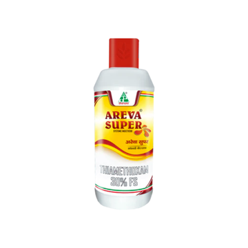Areva Super Insecticide by Dhanuka, containing Thiamethoxam 30% FS, a systemic insecticide for controlling a wide range of sucking pests in crops like cotton, rice, and vegetables.