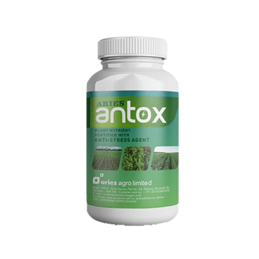 Aries Antox plant growth enhancer containing hydrolyzed proteins, crab shell extract, and seaweed extract for improved crop health and yield.
