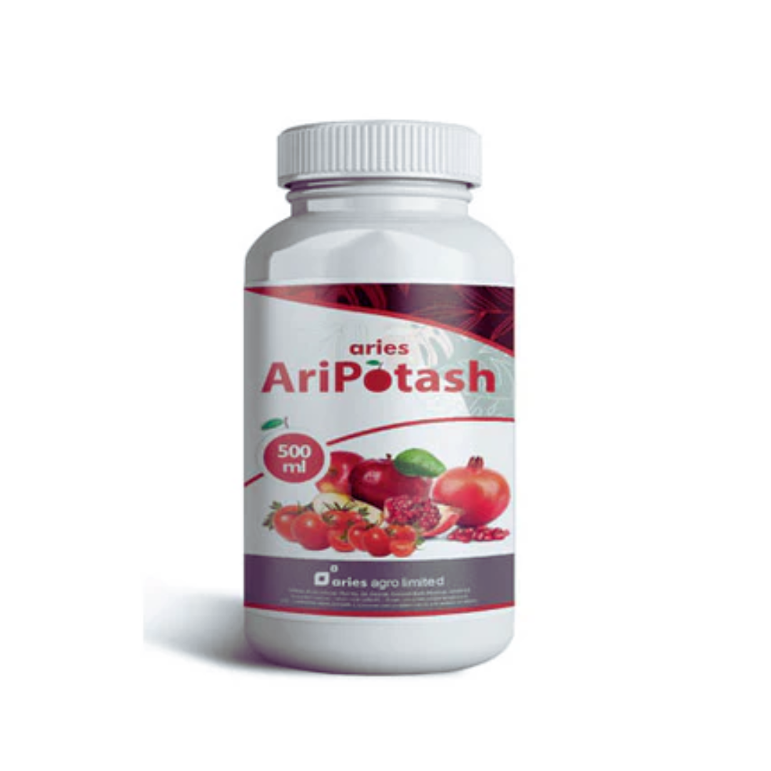 Aries AriPotash liquid fertilizer containing Potassium as K₂O 46.5% (w/v), used to enhance fruit quality and crop yield.