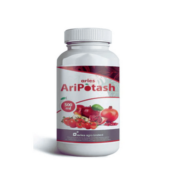 Aries AriPotash liquid fertilizer containing Potassium as K₂O 46.5% (w/v), used to enhance fruit quality and crop yield.
