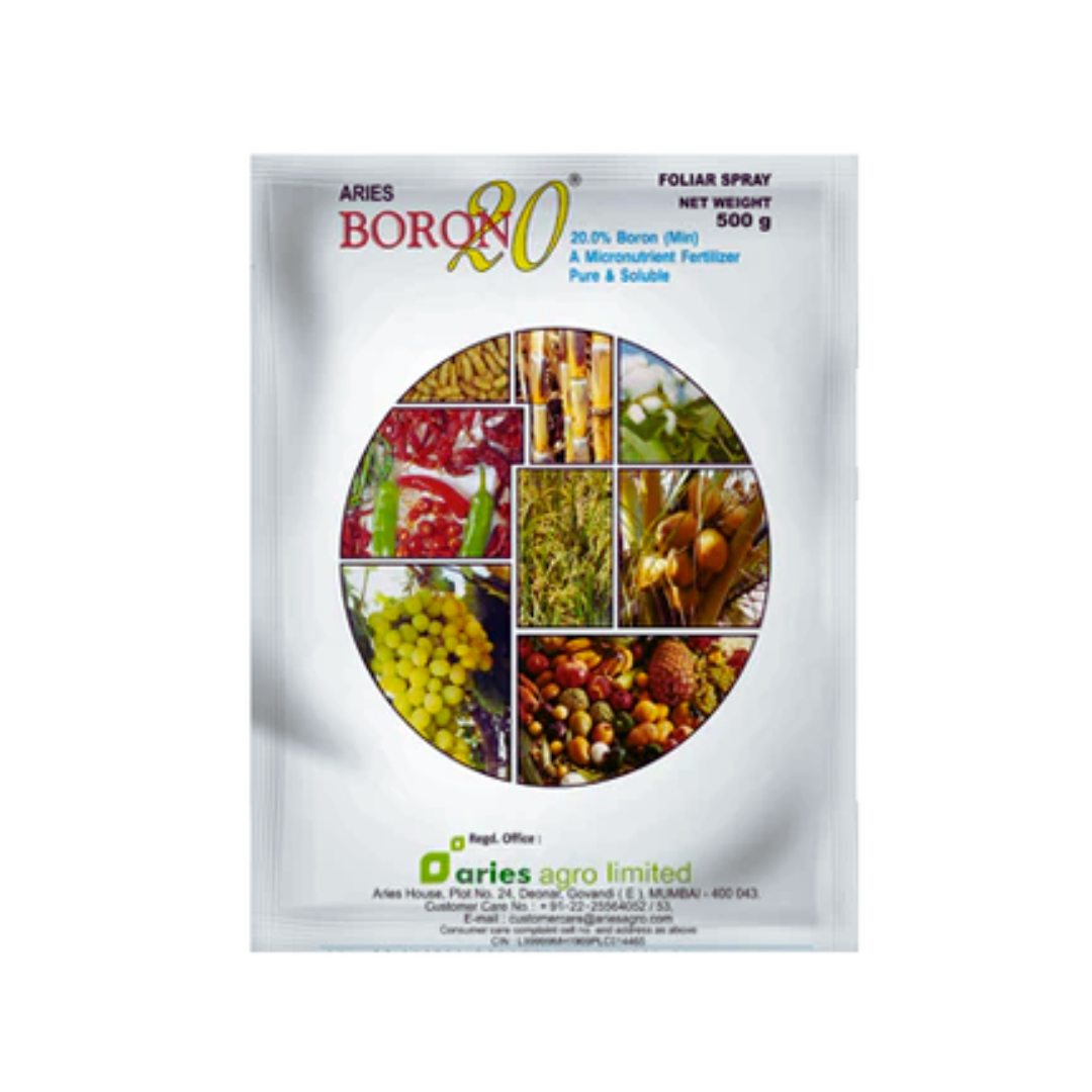 Aries Boron20 fertilizer containing Di-sodium Octaborate Tetrahydrate with 20% soluble boron, used to prevent boron deficiency and improve flowering and fruit set in crops.