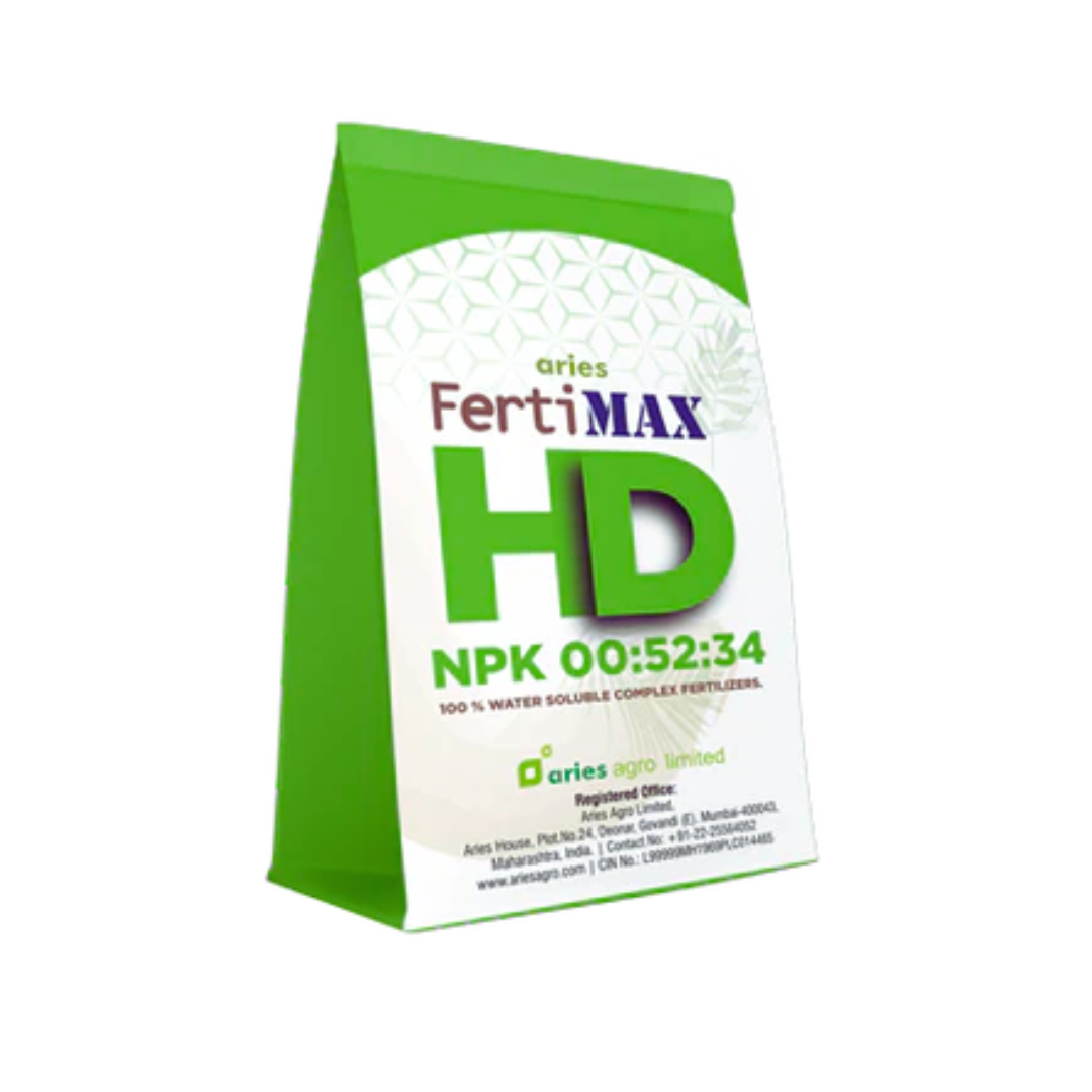 Aries Fertimax HD NPK fertilizer with 00:52:34 formulation, used to provide high phosphorus and potassium for improved flowering, fruiting, and crop yield.