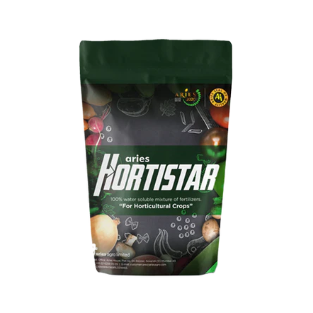 Aries Hortistar multi-nutrient fertilizer, formulated with essential macro and micronutrients to support healthy crop growth and improve yield.