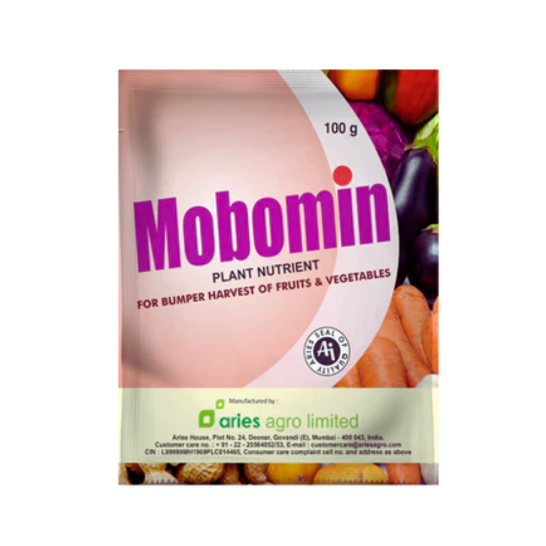 Aries Mobomin micronutrient powder rich in molybdenum and essential minerals, used to improve crop nutrition and productivity.