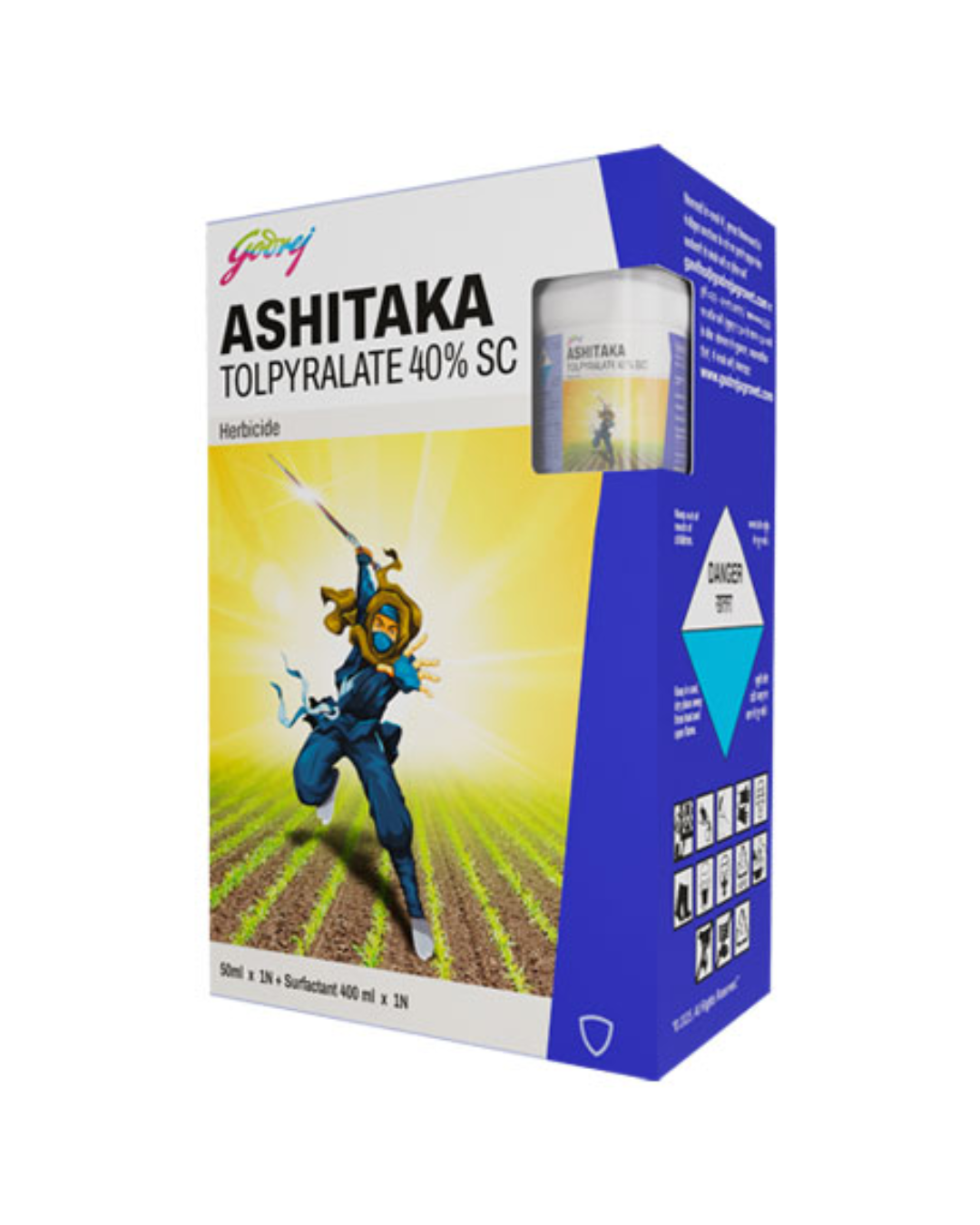 Ashitaka Herbicide bottle containing Tolpyralate 40% SC formulation, used for post-emergence control of tough broadleaf and grassy weeds in maize crops, ensuring effective weed management, cleaner fields, and healthier crop growth.