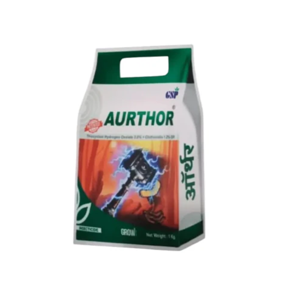 Aurthor is a combined insecticide containing Thiocyclam Hydrogen Oxalate 3.0% and Clothianidin 1.2%, designed for effective control of soil and foliar pests in crops.