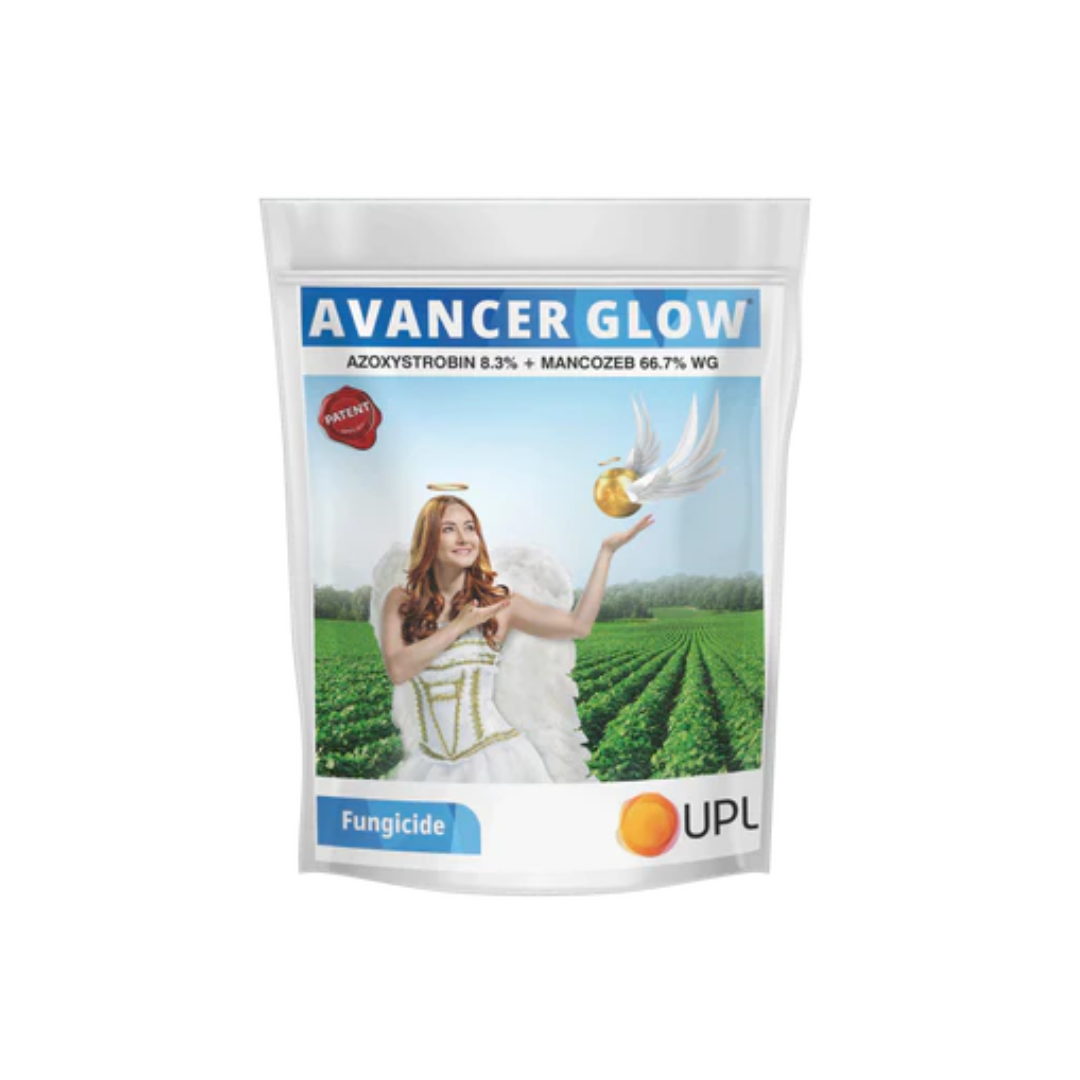 Avancer Glow Fungicide (Azoxystrobin 8.3% + Mancozeb 66.7% WG) by UPL is a broad-spectrum fungicide combining systemic preventive action of Azoxystrobin and protective contact action of Mancozeb. It controls major fungal diseases like blights, leaf spots, rusts, and downy mildew in vegetables, fruits, cereals, pulses, and plantation crops, promoting healthy crop growth and higher yield.