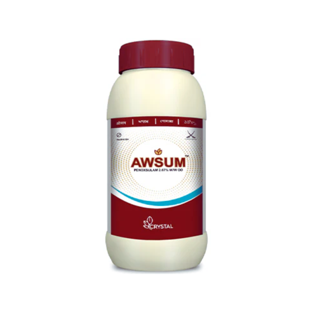 Awsum herbicide bottle containing Penoxsulam 2.67% W/W OD, a selective post-emergence herbicide used in rice cultivation for effective control of broadleaf weeds, sedges, and grassy weeds, ensuring cleaner fields and higher yields.