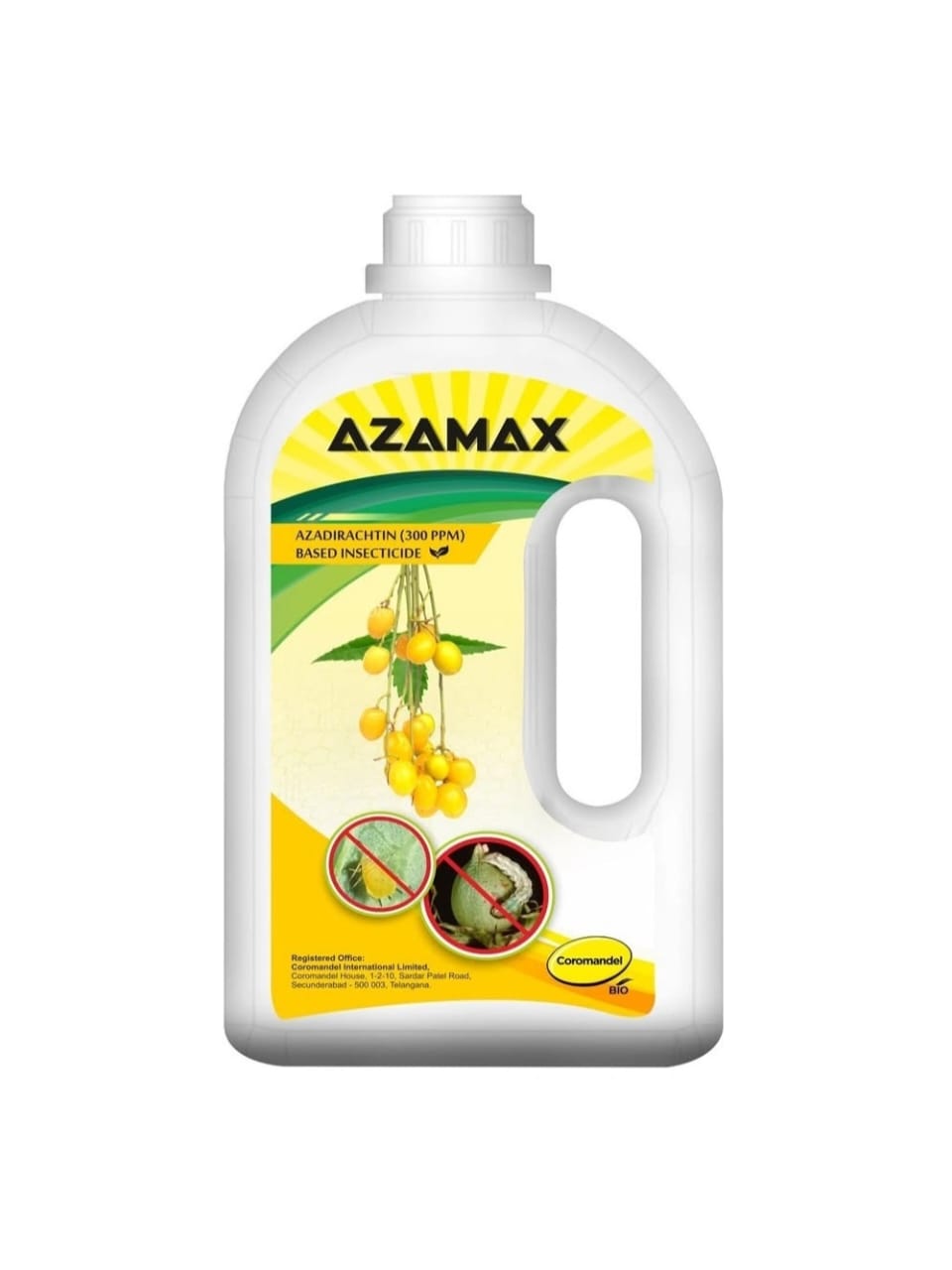 Azamax insecticide by Coromandel, containing Azadirachtin, a natural biopesticide derived from neem. It provides effective control of a wide range of insect pests, including caterpillars, aphids, whiteflies, and leaf miners, by disrupting feeding, growth, and reproduction in crops like vegetables, fruits, and pulses.