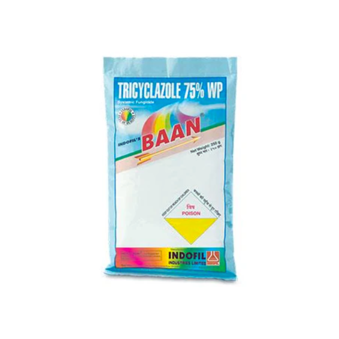 Baan Fungicide by Indofil is a wettable powder (WP) containing Tricyclazole 75%, providing systemic control of rice blast and other fungal diseases, promoting healthy crop growth and higher yield.